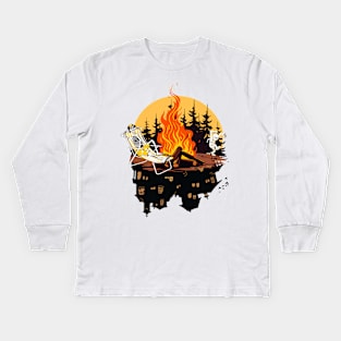 Skeleton Forest Ranger Sunbathing By Campfire Mummy Escapes Halloween Kids Long Sleeve T-Shirt